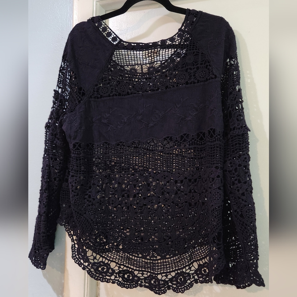 Women's Deletta Anthropologie Crochet Navy Blue Shirt, Size L - Picture 7 of 12